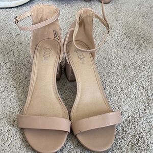 Classic Ankle-Strap Block Heel Sandals in Neutral Nude